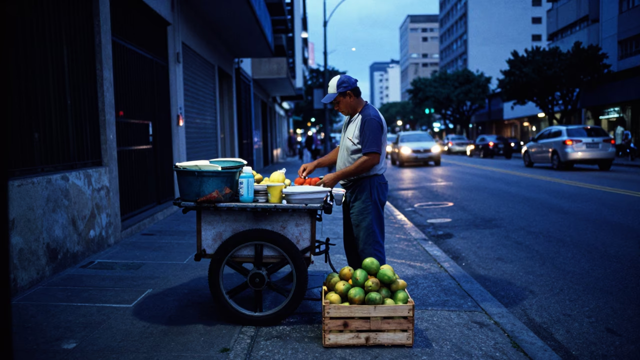São Paulo Street Vendor at The Last Blue Light Of Evening in in São Paulo, Brazil