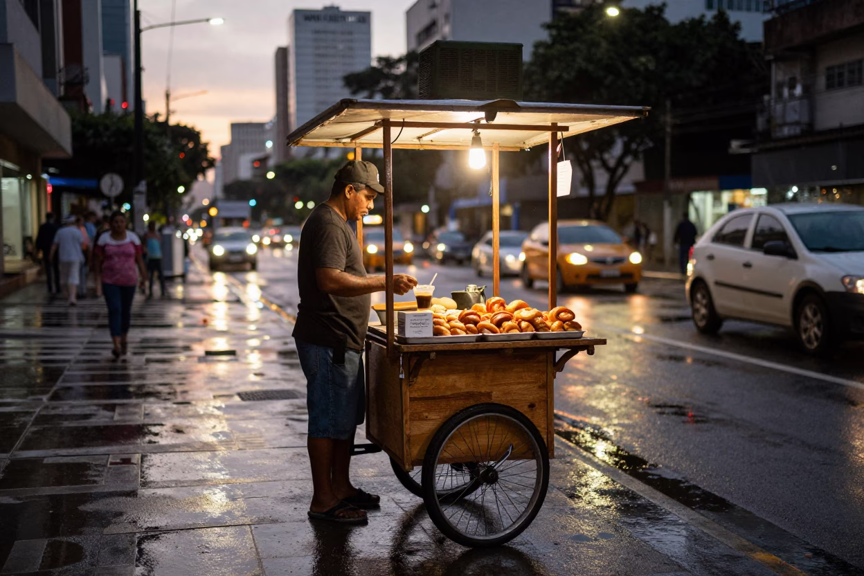 Sao Paulo Street Vendor Dawn Coffee and Kanelbullar Sales Before City Wakes in in São Paulo, Brazil