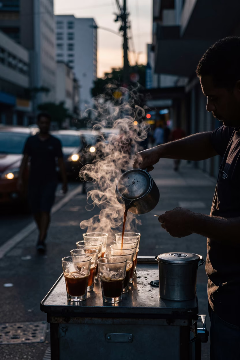 São Paulo Street Vendor Morning Coffee Service with Glass Tumblers in in São Paulo, Brazil