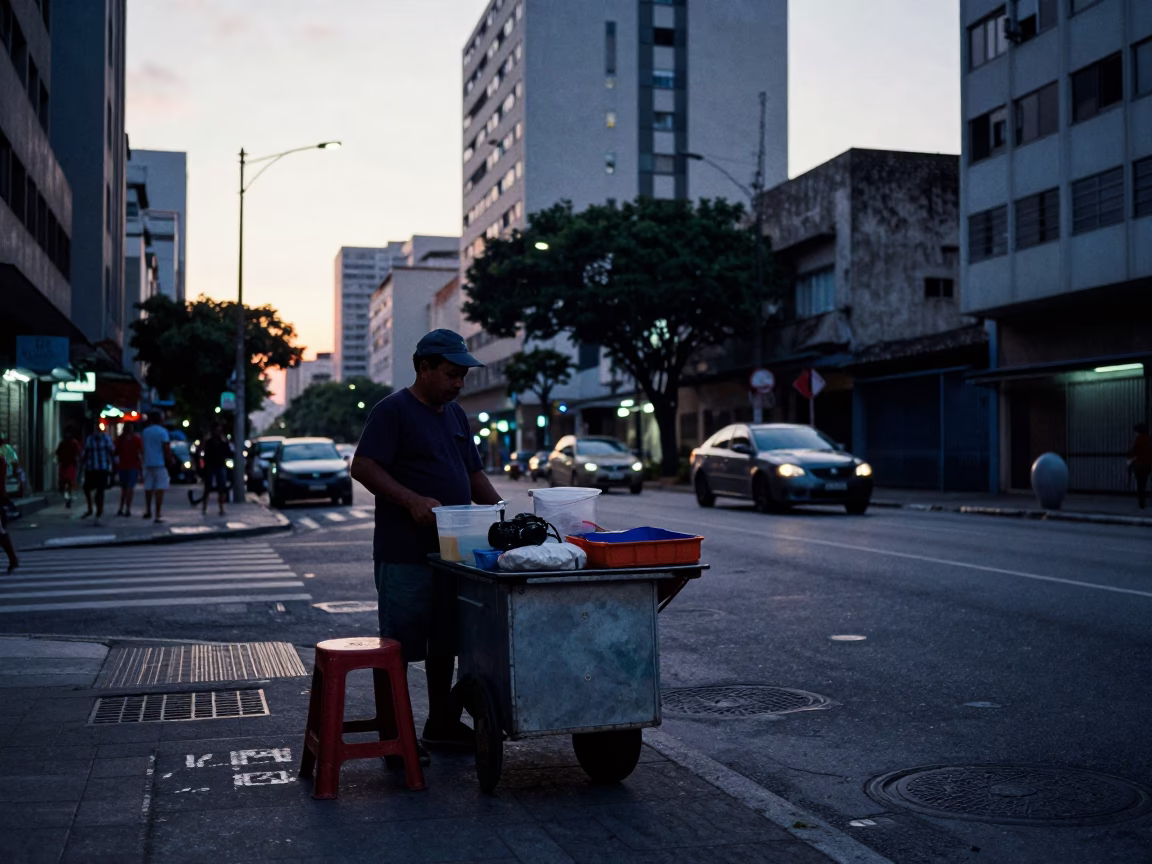São Paulo Street Vendor Pre-Dawn Sales with Work Stool and Palmier Pastries in in São Paulo, Brazil