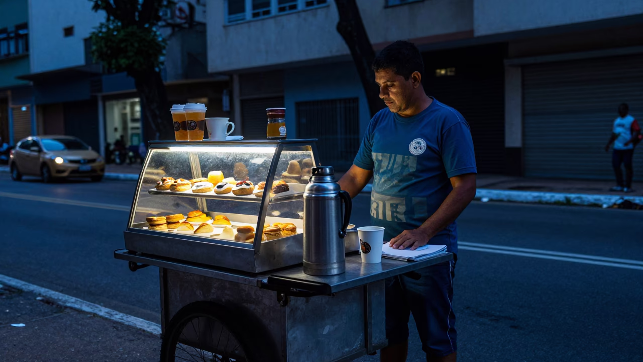 Sao Paulo street vendor predawn coffee and snacks on busy avenue in in São Paulo, Brazil