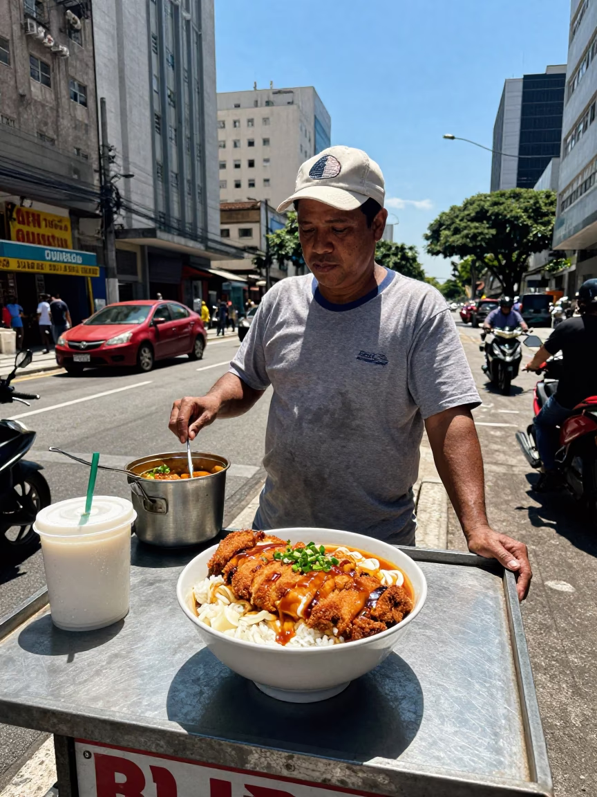 São Paulo Street Vendor Selling Katsudon Under Harsh Noon Sun in Brazil in in São Paulo, Brazil