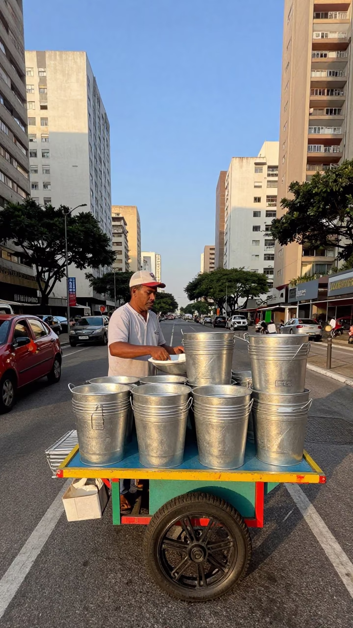 São Paulo Street Vendor Selling Metal Buckets in Late Afternoon Light in in São Paulo, Brazil