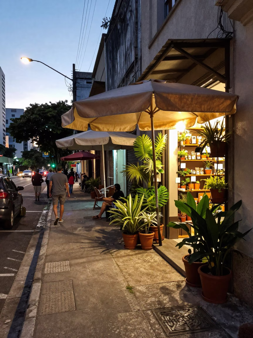 São Paulo Summer Evening Street Scene With Umbrellas And Houseplants in in São Paulo, Brazil