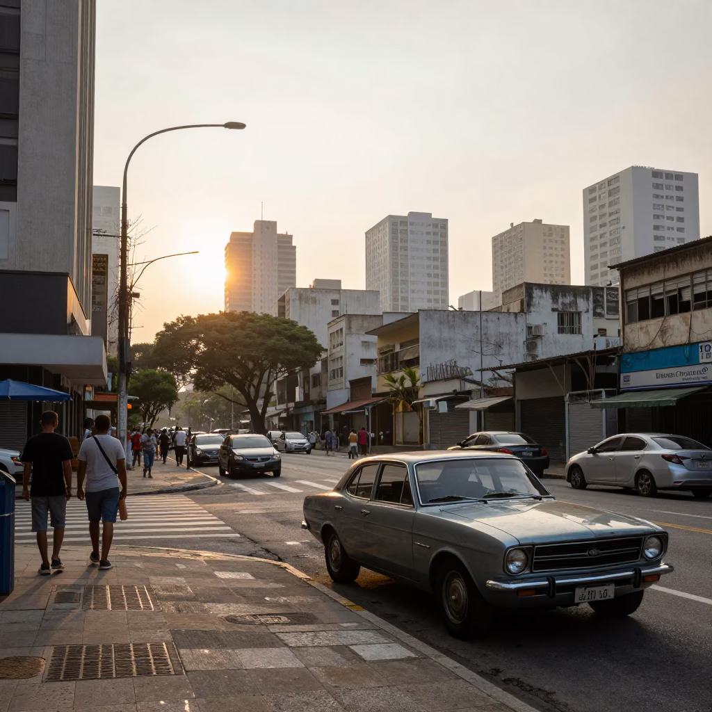 São Paulo Sunrise Street Scene with Vintage Car and Local Market Activity in in São Paulo, Brazil