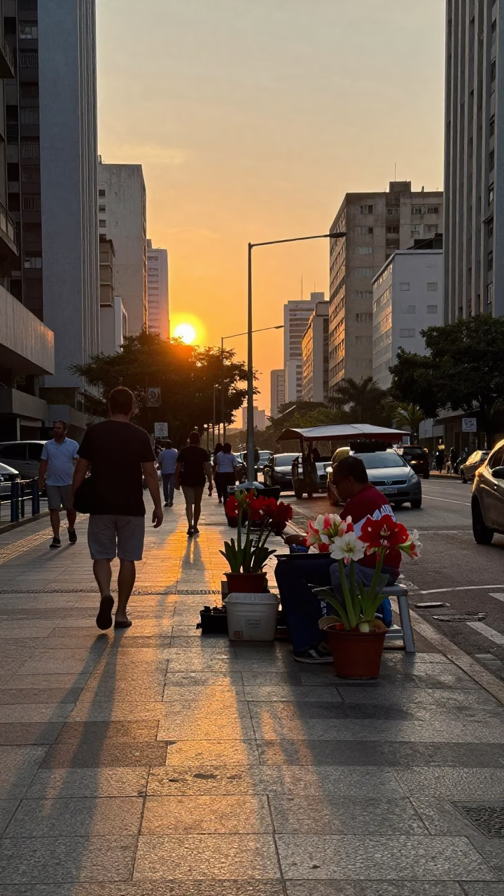 São Paulo Sunset Street Scene with Amaryllis Blooms and Urban Activity in in São Paulo, Brazil