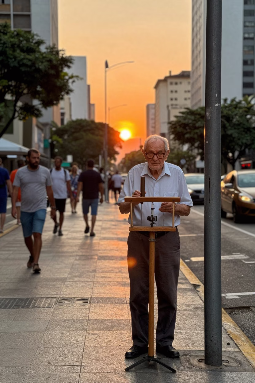 São Paulo Sunset Street Scene with Retired Astronomer and Wooden Flute in in São Paulo, Brazil