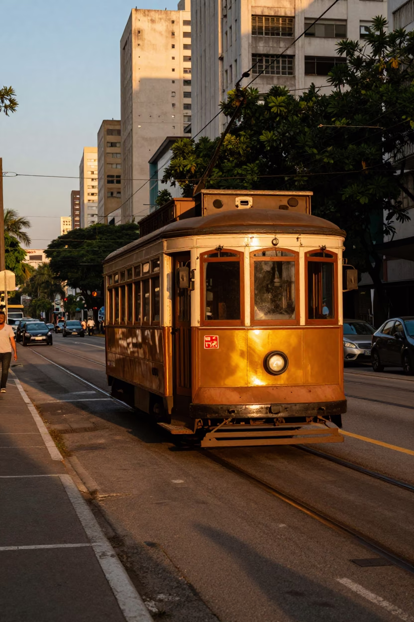 São Paulo Sunset Street Scene with Trolley and Urban Life in Brazil in in São Paulo, Brazil
