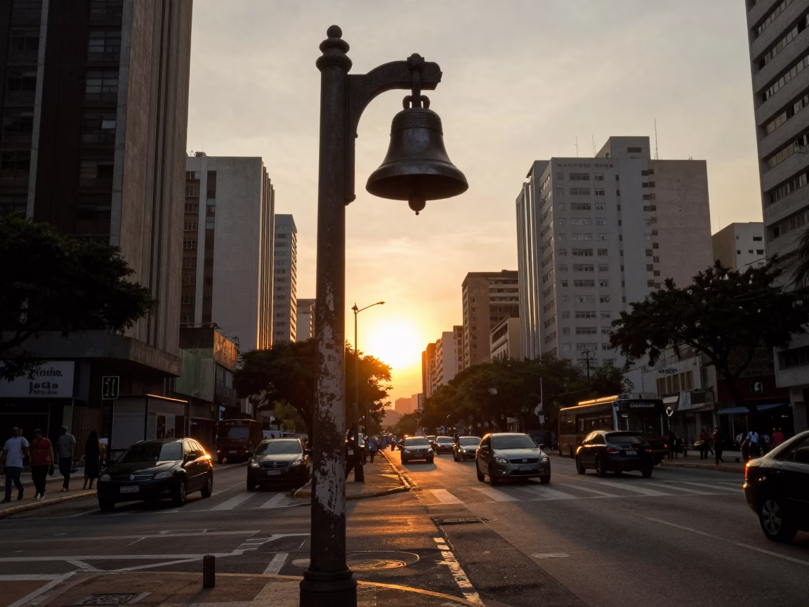 São Paulo Sunset Street Scene with Vintage Bell and Urban Details in in São Paulo, Brazil
