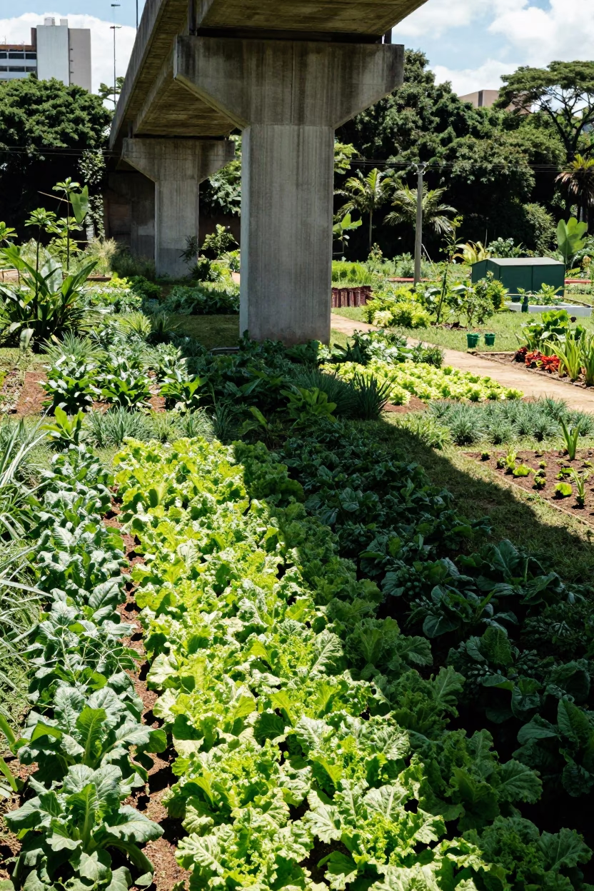São Paulo Viaduct Shadow Over Rain-Washed Allotment Gardens in Bright Midmorning Light in in São Paulo, Brazil