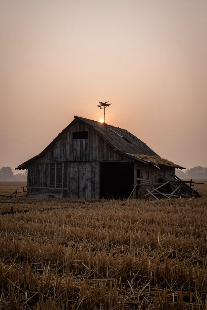 Sapling Rising from Collapsed Barn in Autumn Field in across a harvested grain field in Uttar Pradesh