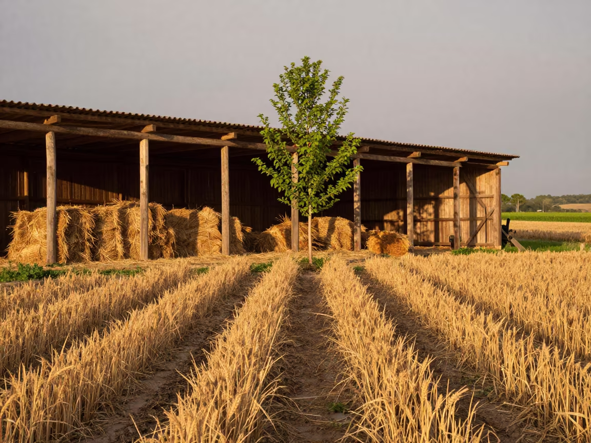 Sapling Rising from Collapsed Barn Hay Loft in along freshly irrigated rows in the French Riviera
