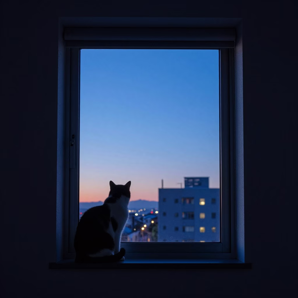 Sapporo Apartment Window Night Light and Cat in Indigo Twilight in in Sapporo, Japan