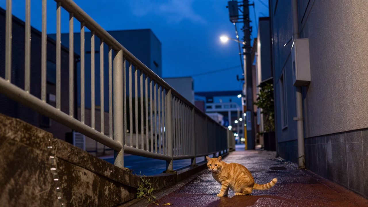 Sapporo blue hour street scene with stair rail and orange cat in in Sapporo, Japan