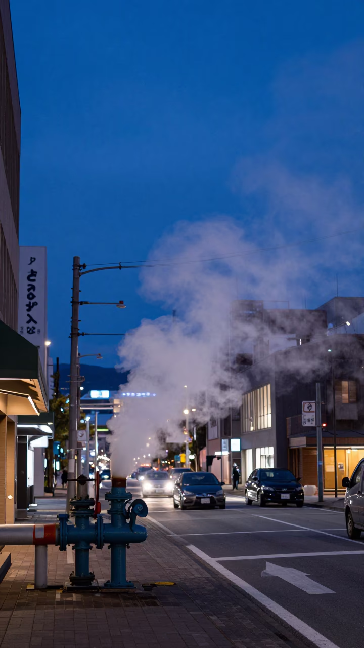 Sapporo Blue Hour Street Scene with Steaming District Heating Pipes and Frosty Urban Atmosphere in in Sapporo, Japan