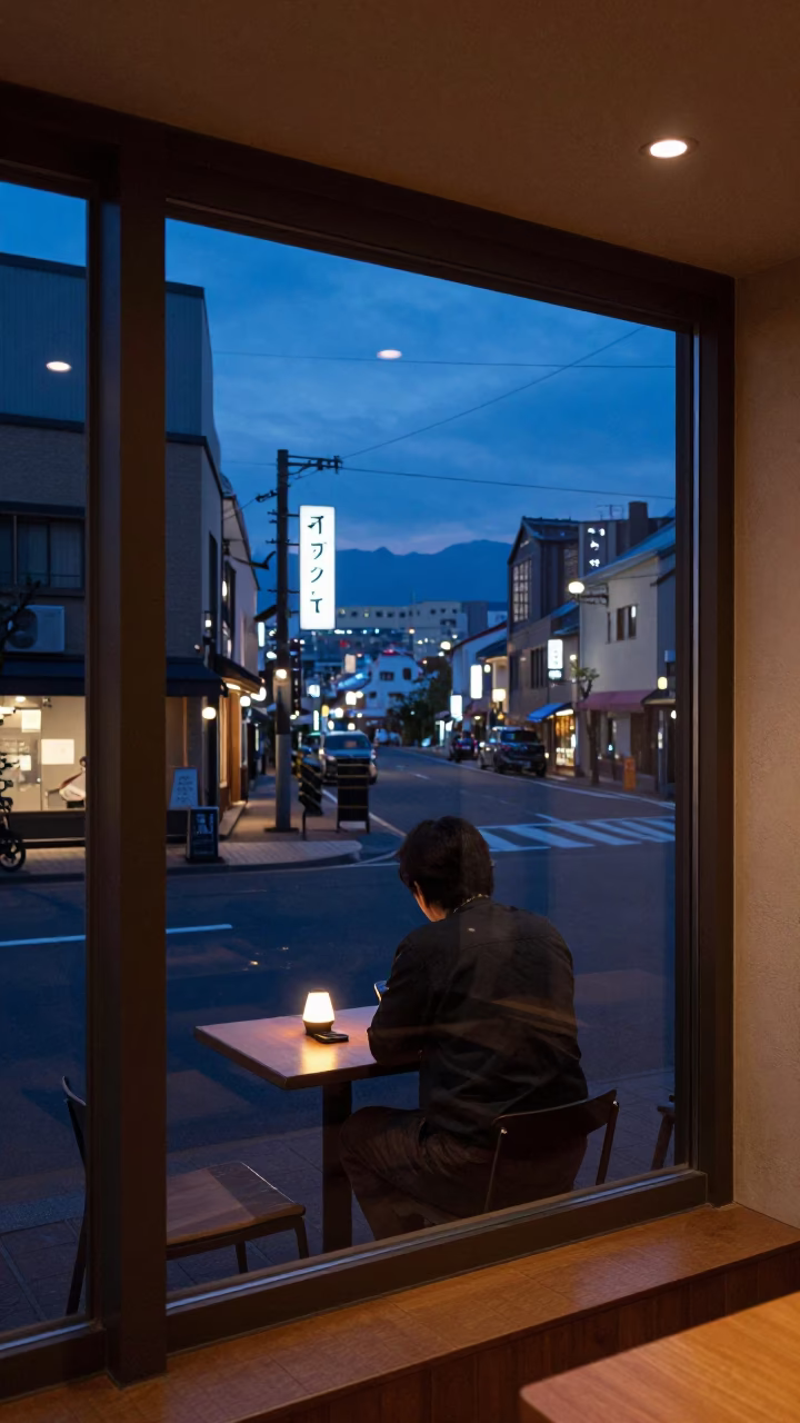 Sapporo Cafe Writer Indigo Twilight Window Reflection Japanese Street Scene in in Sapporo, Japan