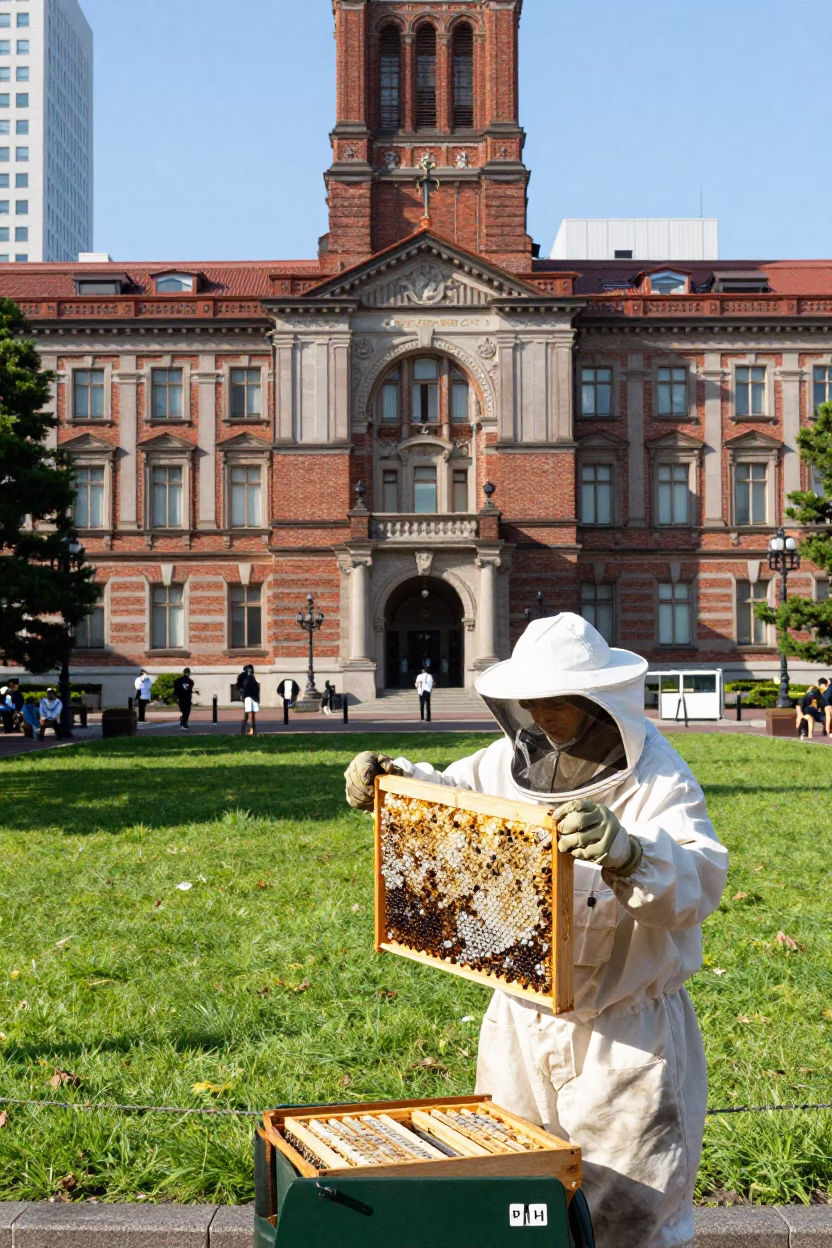 Sapporo City Hall Park Midmorning Scene with Beekeeper and Honey Frame in in Sapporo, Japan