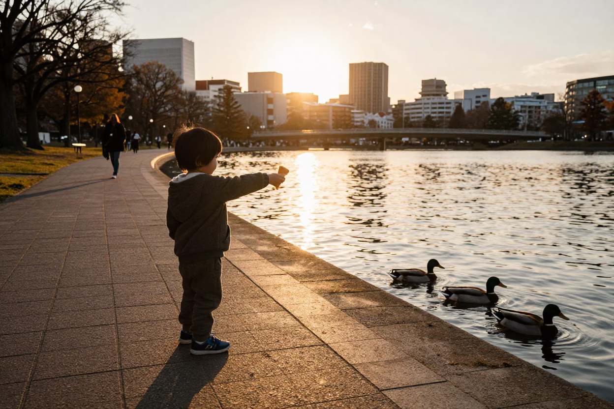 Sapporo City Park Sunset Family Leisure Scene with Pond and Wildlife in in Sapporo, Japan