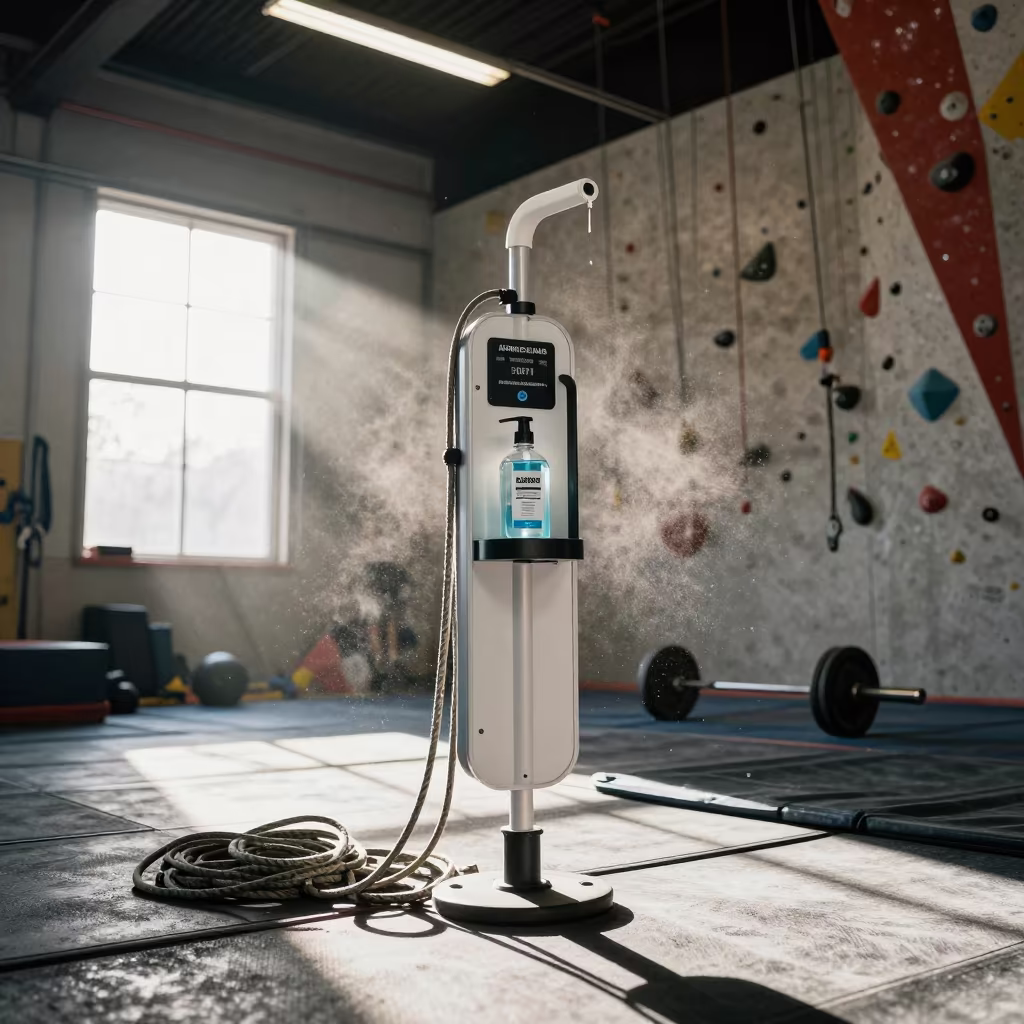 Sapporo Climbing Gym Disinfectant Station Winter in inside a climbing gym warmup zone in Sapporo