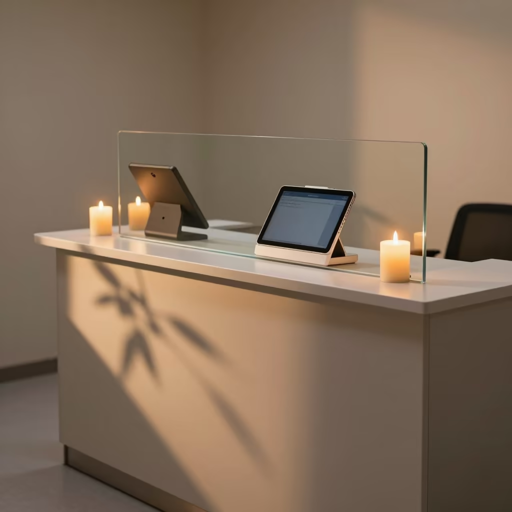 Sapporo Clinic Tablet Dock with Privacy Glass in inside a clinic exam room in Sapporo