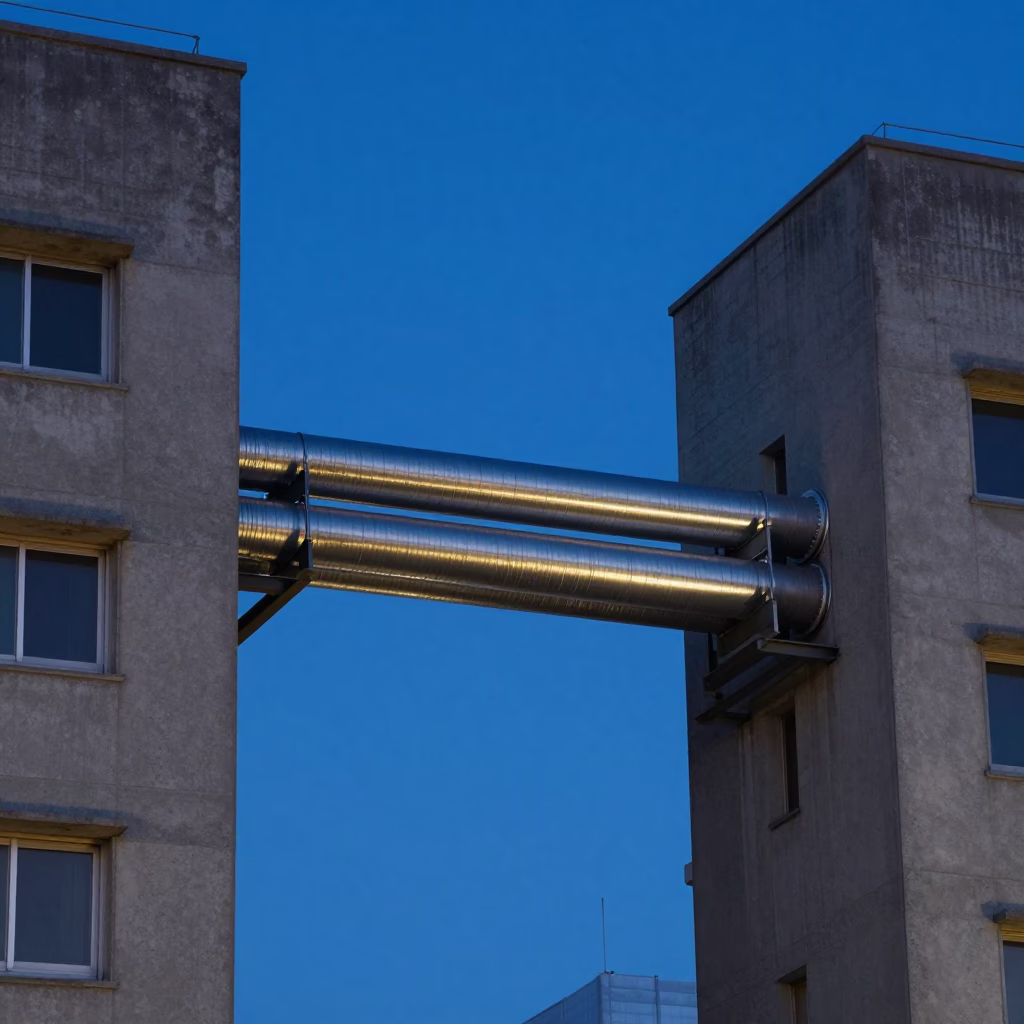 Sapporo District Heating Pipes Crossing Concrete Apartment Blocks at Blue Hour in in Sapporo, Japan