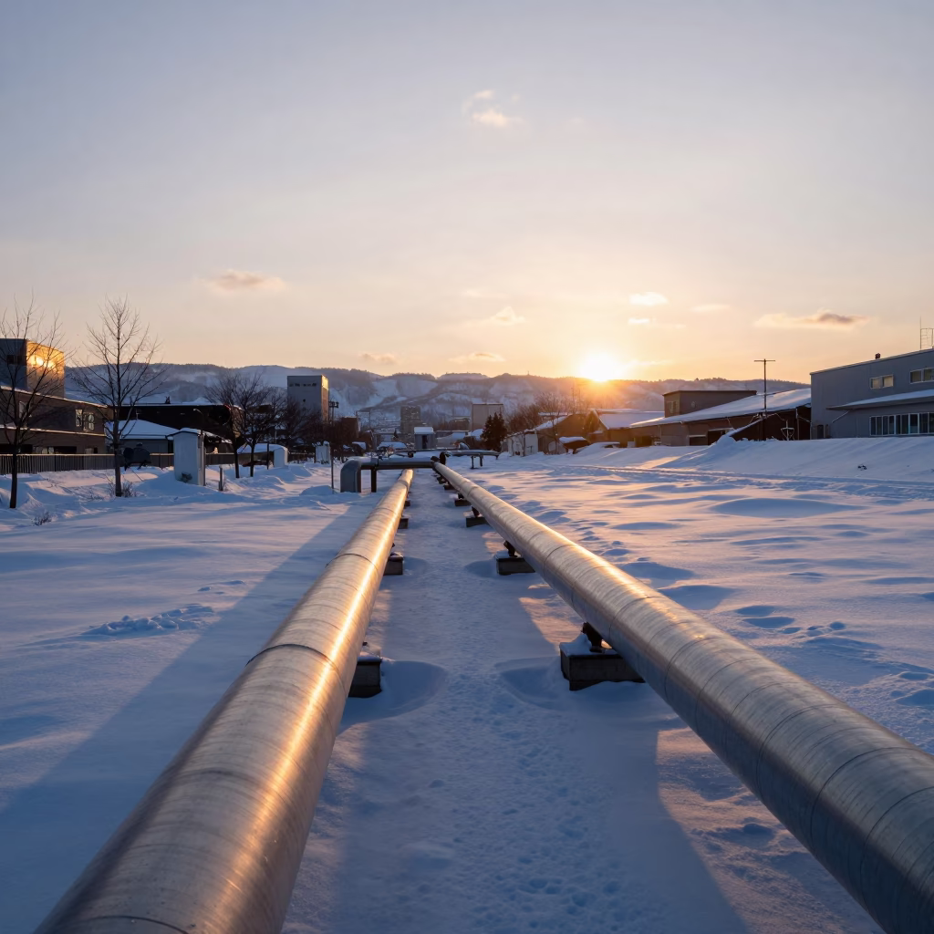 Sapporo District Heating Pipes in Snow at Sunset with Pedestrians and Urban Winter Activity in in Sapporo, Japan