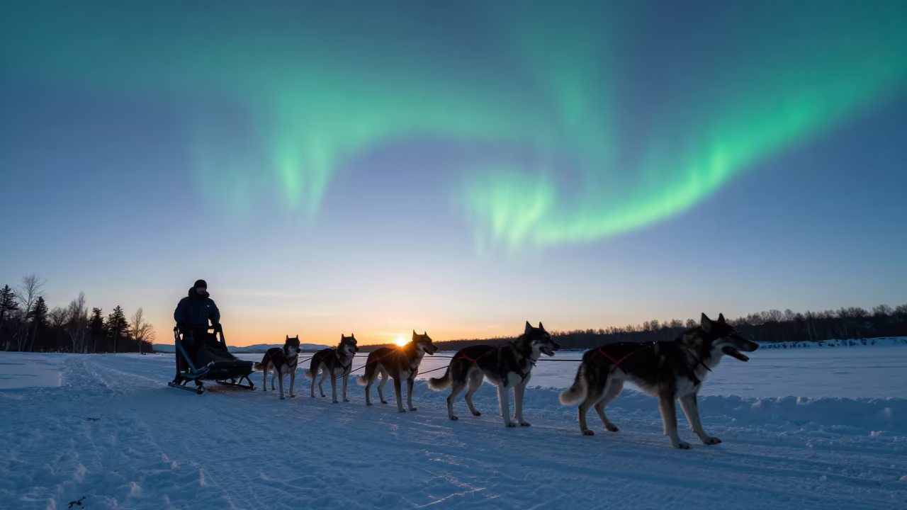 Sapporo Dog Sled Silhouette Under Aurora in near Sapporo