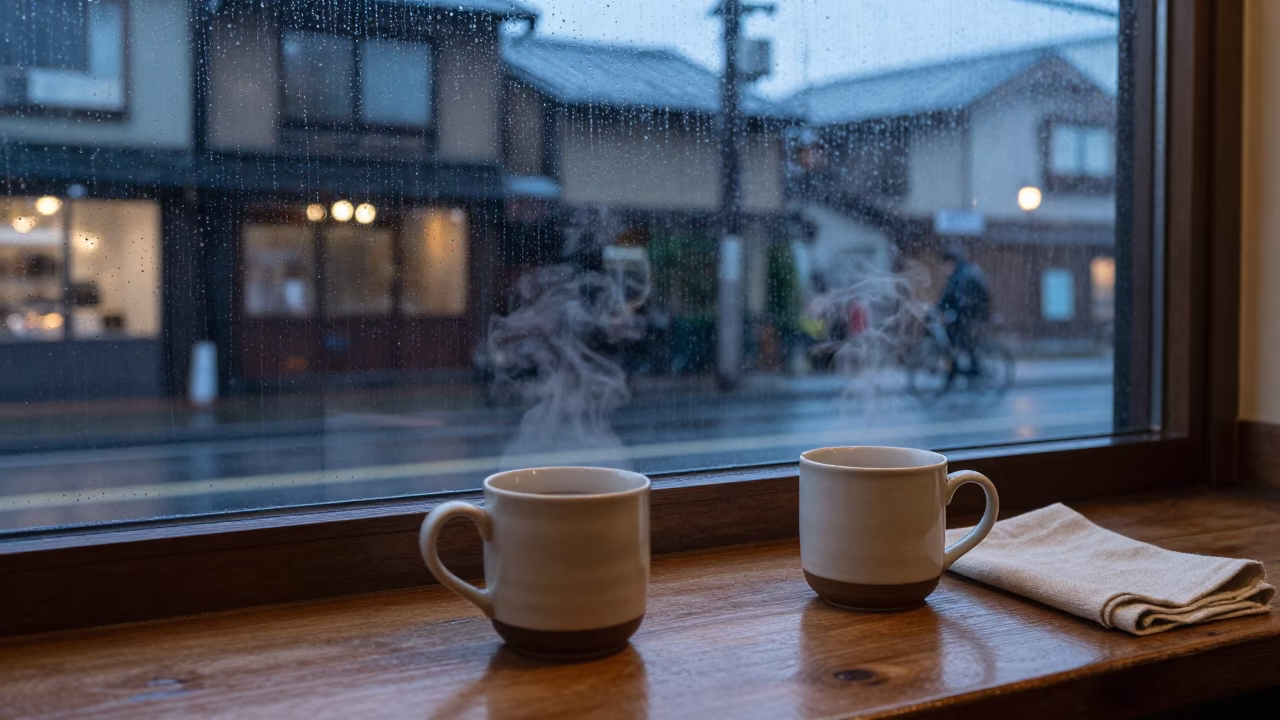 Sapporo Dusk Light Rain Street Scene with Coffee Mugs and Linen Curtains in in Sapporo, Japan