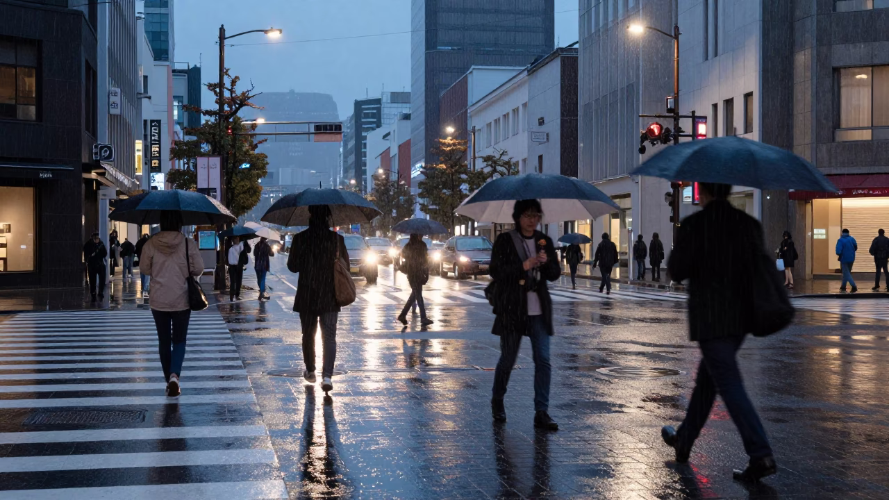 Sapporo Dusk Street Scene with Wet Pavement and Umbrellas in in Sapporo, Japan
