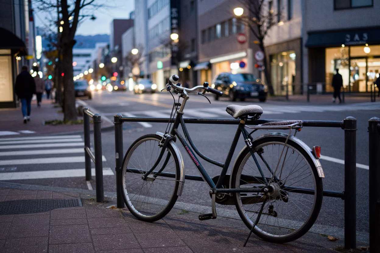 Sapporo Early Evening Street Scene with Bicycle and Urban Infrastructure in in Sapporo, Japan