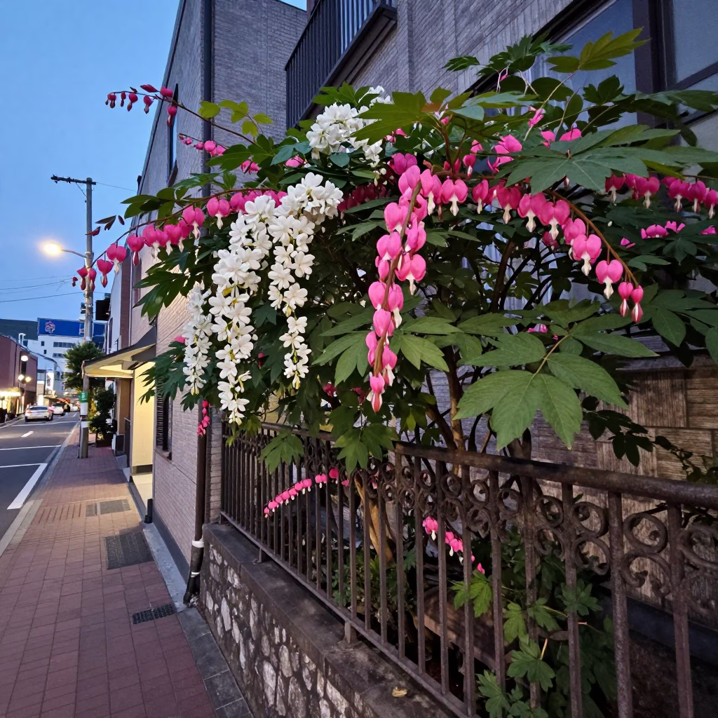 Sapporo Early Evening Street Scene with Bleeding Heart Vine and Porcelain Jars in in Sapporo, Japan