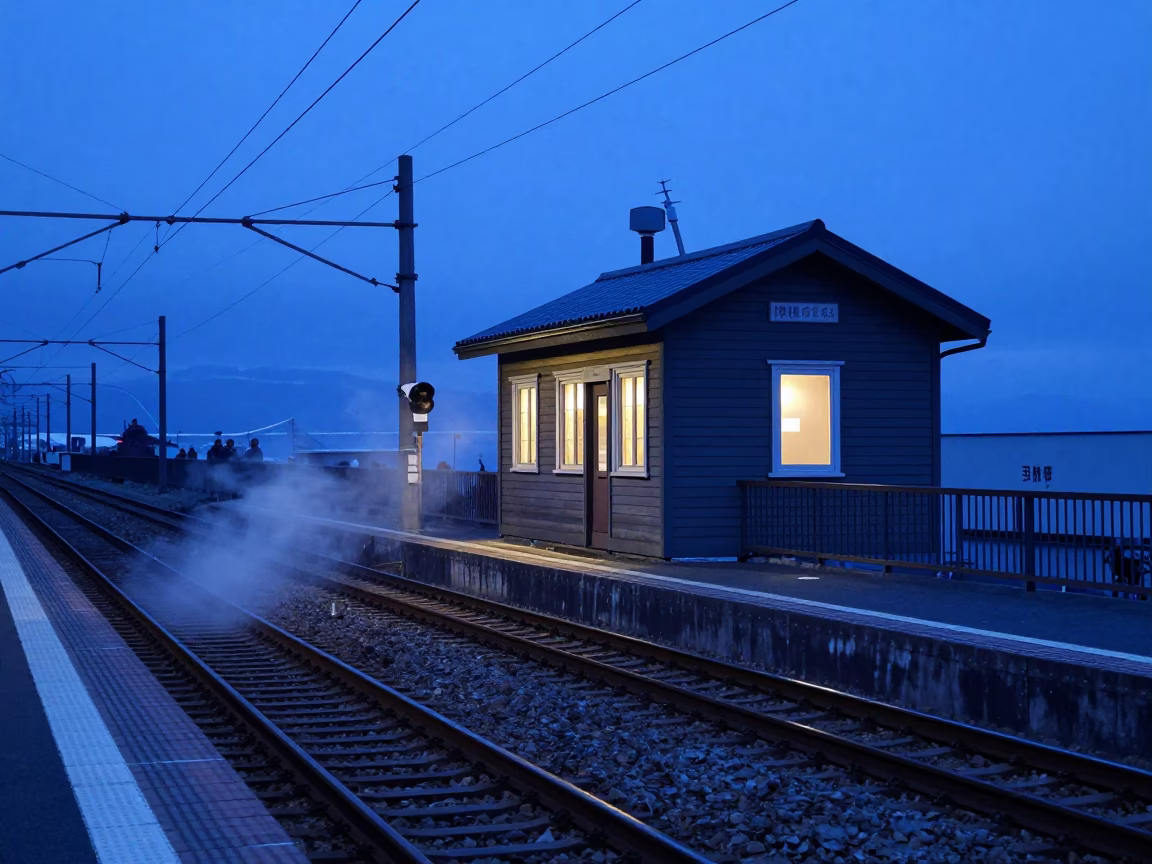 Sapporo Evening Blue Hour Railway Signal Cabin Switch Tracks Urban Landscape in in Sapporo, Japan
