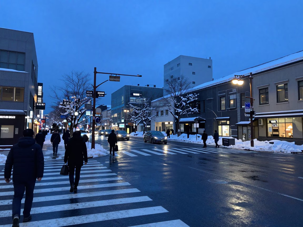Sapporo Evening Blue Hour Street Scene with Snow and Urban Life in in Sapporo, Japan