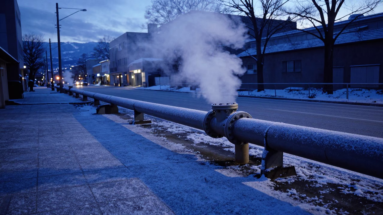 Sapporo Evening District Heating Pipe Steam Rising Behind Frost Coated Fence in in Sapporo, Japan