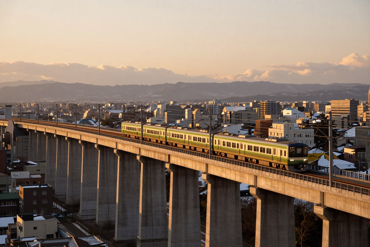 Sapporo Evening Light Railway Viaduct Train Passing Through Urban Landscape in in Sapporo, Japan