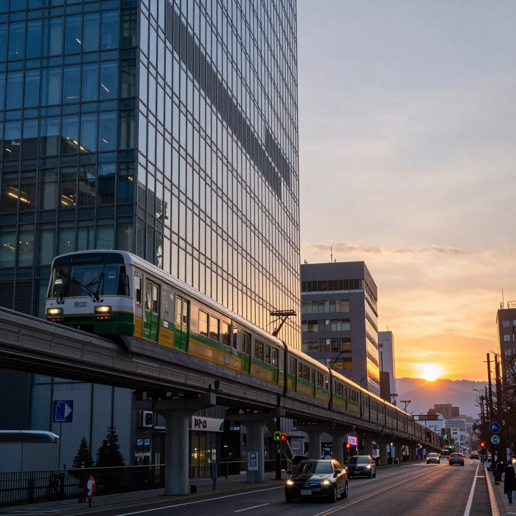 Sapporo Evening Monorail Reflections on Glass Skyscraper with Urban Activity in in Sapporo, Japan