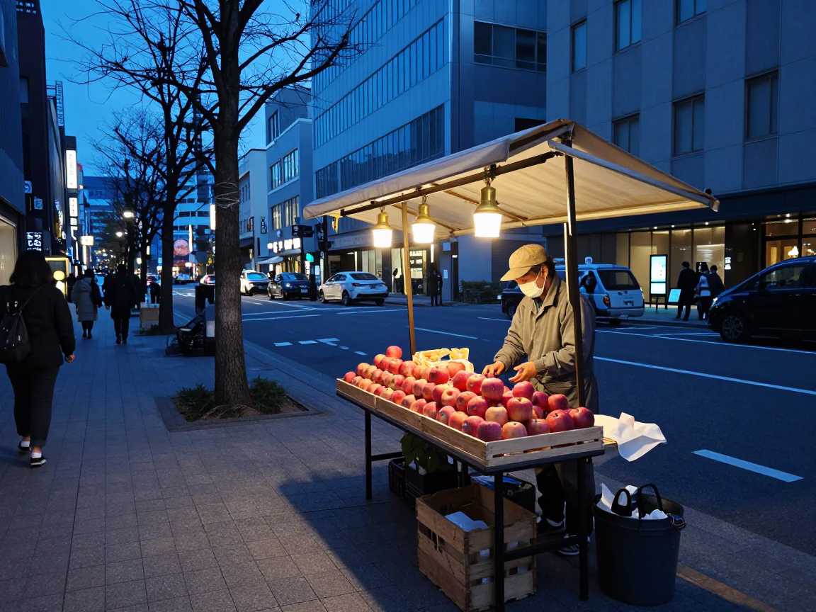 Sapporo Evening Street Scene with Apple Stall and Brass Latch Detail in in Sapporo, Japan