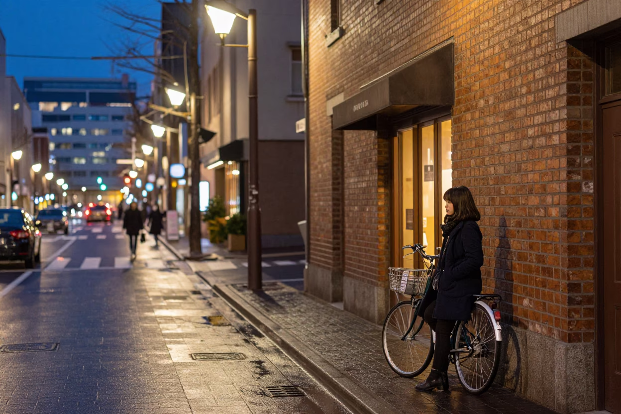 Sapporo Evening Street Scene with Bicycle and Cafe Lights in Japan in in Sapporo, Japan
