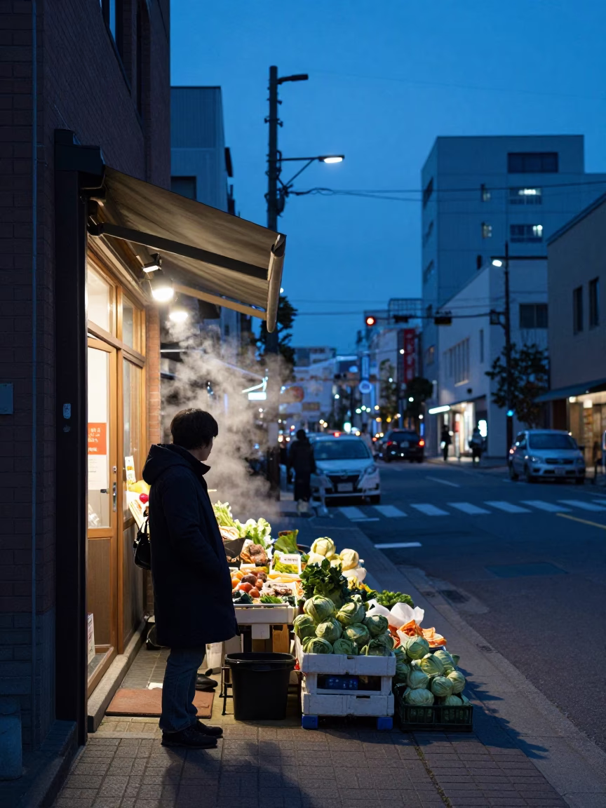 Sapporo Evening Street Scene with Cabbages and Local Life in Blue Light in in Sapporo, Japan