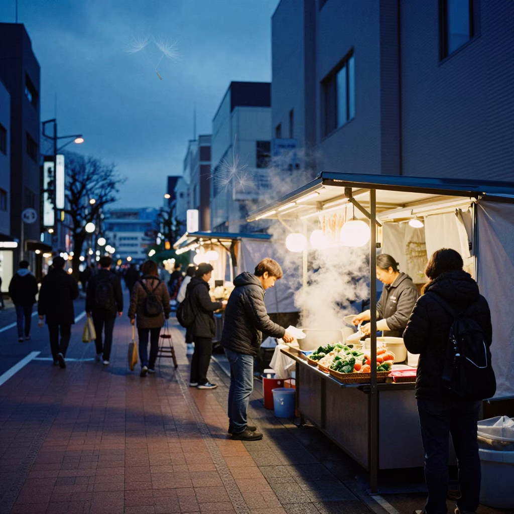 Sapporo Evening Street Scene with Dandelion Seed Head and Dumplings at Outdoor Stall in in Sapporo, Japan