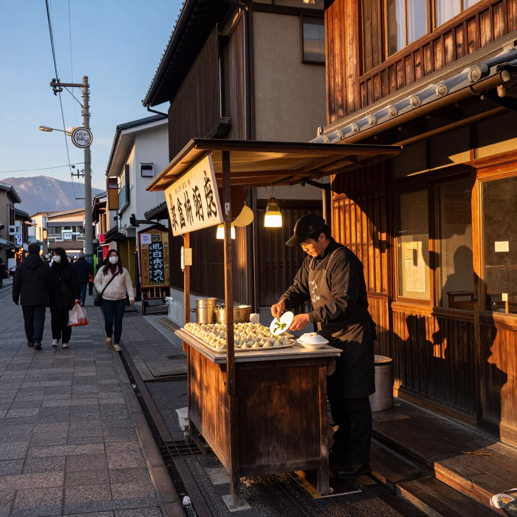 Sapporo Evening Street Scene with Garlic Press and Manti Dumplings in in Sapporo, Japan