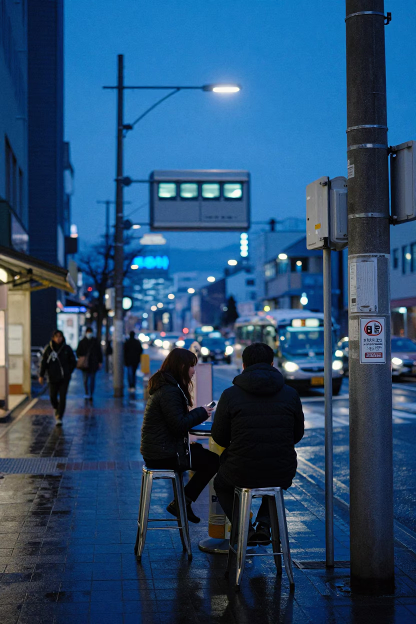 Sapporo Evening Street Scene with Metal Stools and Substation Glow in Blue Twilight in in Sapporo, Japan