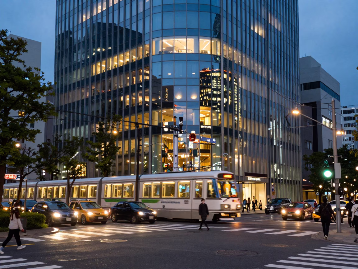Sapporo Evening Street Scene with Monorail Reflection in Glass Skyscraper in in Sapporo, Japan