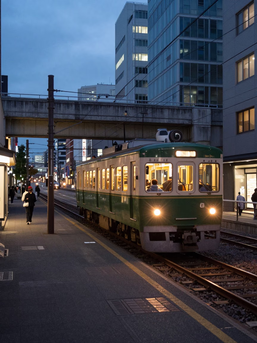 Sapporo Evening Street Scene with Narrow Gauge Train and Snowmobile in Japan in in Sapporo, Japan