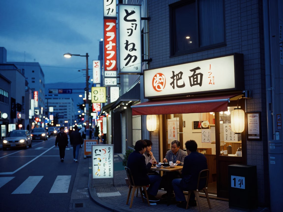 Sapporo Evening Street Scene with Neon Lights and Local Diners in Indigo Twilight in in Sapporo, Japan