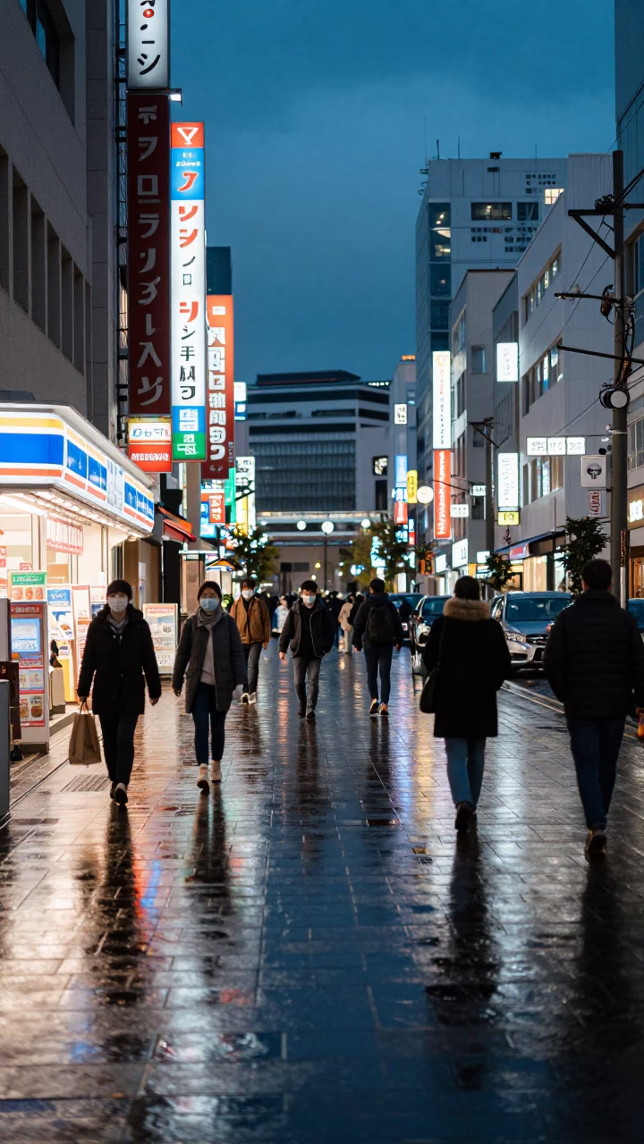 Sapporo Evening Street Scene with Neon Reflections and Urban Activity in in Sapporo, Japan