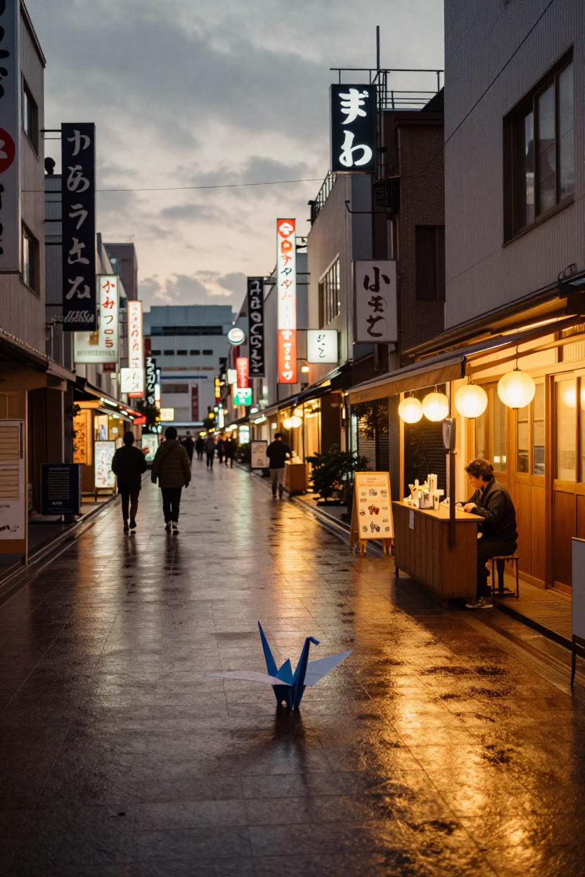 Sapporo Evening Street Scene with Origami Crane and Local Dining Atmosphere in in Sapporo, Japan