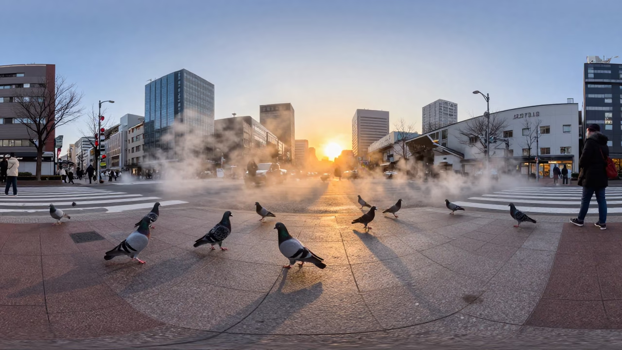 Sapporo Evening Street Scene with Pigeons and Steam Haze as Sun Drops in in Sapporo, Japan