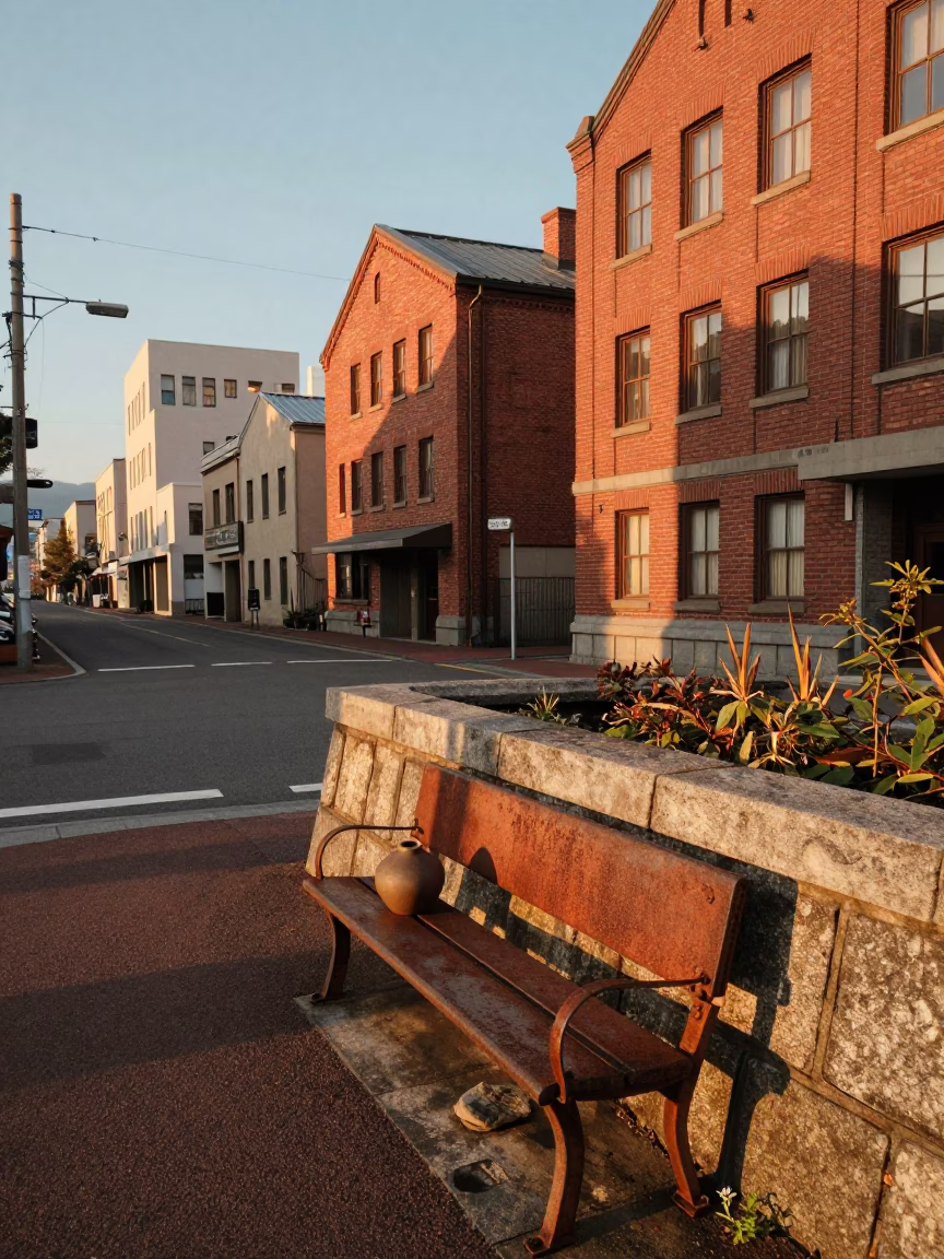 Sapporo Evening Street Scene with Rusty Bench and Clay Pots in in Sapporo, Japan