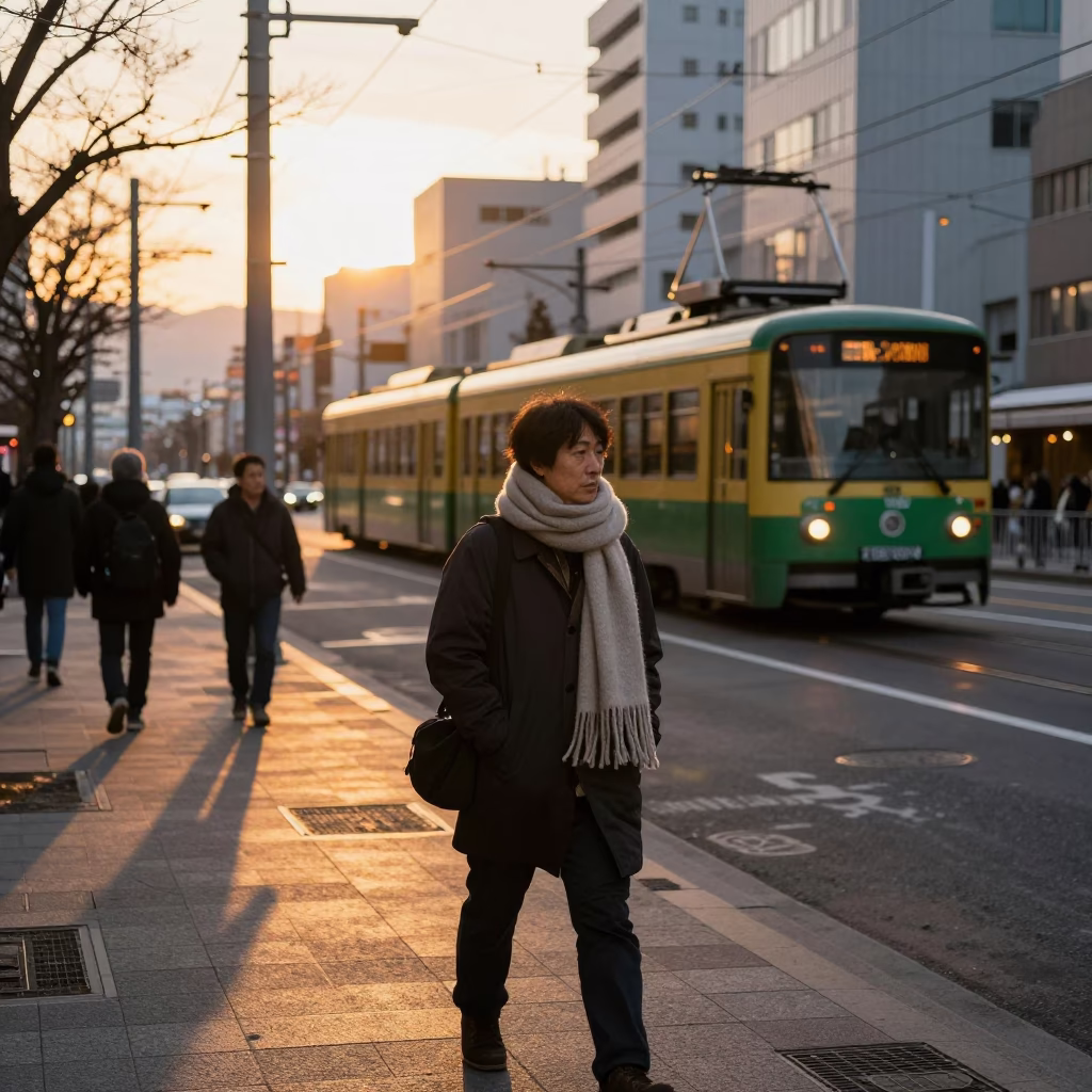 Sapporo Evening Street Scene with Scarf and Monorail in Golden Light in in Sapporo, Japan